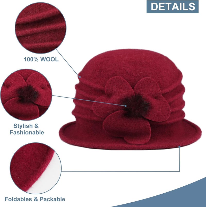 Sumolux Women Beret Hat French Vintage Floral Wool Dress Cloche Classic Winter Hat 1920s - Image 3